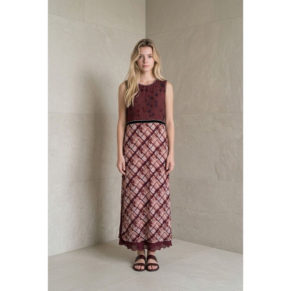 Zara Limited Edition Burgundy Printed Maxi Dress Boho Punk Beaded Sheer Layers S